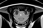  1girl :d black_choker blush choker close-up collarbone commentary excited eyelashes greyscale hat highres kono_subarashii_sekai_ni_shukufuku_wo! looking_at_viewer lyourika medium_hair megumin monochrome open_mouth outstretched_arms portrait raised_eyebrows ringed_eyes short_hair short_hair_with_long_locks sidelocks smile solo straight-on teeth upper_teeth_only wide-eyed witch_hat 