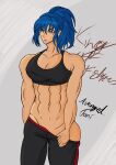  1girl abs absurdres ass avengedtoni bare_arms biceps blue_eyes blue_hair crop_top earrings highres jewelry leona_heidern muscular muscular_female ponytail self-upload snk snk_heroines:_tag_team_frenzy soldier tall_female tan tank_top the_king_of_fighters the_king_of_fighters_xiv the_king_of_fighters_xv triangle_earrings 