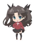  1girl black_hair black_skirt blue_eyes blush brown_footwear chibi commentary_request fate/kaleid_liner_prisma_illya fate_(series) long_hair long_sleeves no_nose official_art photoshop_(medium) red_shirt shirt shoes simple_background skirt solo thighhighs thighs tohsaka_rin white_background 