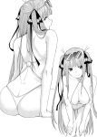  1girl absurdres ass back bare_shoulders bikini black_ribbon blunt_bangs blush breasts breasts_squeezed_together butterfly_hair_ornament cleavage closed_mouth collarbone eyelashes eyewear_on_head fingernails go-toubun_no_hanayome greyscale hair_ornament hair_over_shoulder hair_ribbon hands_on_own_knees head_tilt heart heart-shaped_eyewear highres knees_together_feet_apart kosmos_beta leaning_forward legs long_hair looking_at_viewer looking_back monochrome multiple_views nakano_nino navel o-ring o-ring_bikini o-ring_top ribbon seductive_smile sidelocks simple_background sitting skindentation smile standing straight_hair sunglasses swimsuit thigh_gap thighs two_side_up very_long_hair white_background 