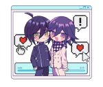  ! 2boys :d absurdres ahoge black_jacket black_pants blush brown_eyes buttons checkered_clothes checkered_scarf danganronpa_(series) danganronpa_v3:_killing_harmony double-breasted flipped_hair heart highres jacket male_focus medium_hair multiple_boys oma_kokichi pants purple_eyes purple_hair scarf smile spoken_exclamation_mark spoken_heart striped striped_jacket urami0310 white_background white_jacket white_pants 