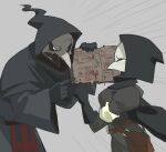  1boy 1girl angry balck_sclera black_cape black_gloves black_hood blush book brown_bag cape cowboy_shot english_text gloves grey_background highres hood hood_up long_sleeves mr_plagu3 open_book original plague_doctor plague_doctor_mask pointing simple_background tears white_eyse wide_sleeves 