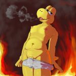 1:1 absurd_res anthro bulge clothed clothing fire genitals hi_res koopa koopa_troopa looking_at_viewer male mario_bros nintendo partially_clothed penis rocketshibaa scalie slightly_chubby smoke solo underwear underwear_down 