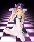  1girl absurdres apron black_dress black_headwear black_nails blonde_hair blurry breath buttons checkered_floor depth_of_field double-breasted dress feet foot_focus foreshortening frilled_dress frills full_body hair_between_eyes hand_up hat highres kirisame_marisa knee_up long_hair looking_at_viewer maid maid_apron mizuki_mukawa no_shoes on_ground open_mouth puffy_short_sleeves puffy_sleeves red_eyes short_sleeves sidelocks sitting smell socks soles solo spread_toes steaming_body tile_floor tiles toes touhou white_apron white_socks witch_hat 