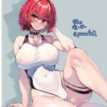  1girl anchor_symbol arm_support azur_lane breasts choker closed_mouth covered_navel covered_nipples dated hand_up large_breasts looking_at_viewer official_alternate_costume one-piece_swimsuit paundo2 red_eyes red_hair short_hair simple_background sitting smile solo swimsuit thigh_strap twitter_username weser_(azur_lane) weser_(wave-washed_paradise)_(azur_lane) 