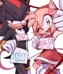  1boy 1girl amy_rose animal_ears animal_nose artist_name bare_shoulders black_fur body_fur boots bracelet closed_mouth dress eyelashes fang furry furry_female furry_male gloves gold_bracelet green_eyes hairband half-closed_eyes hand_up hands_up heart heart-shaped_pupils hedgehog hedgehog_ears hedgehog_girl hedgehog_tail highres holding jewelry kumo_zd looking_at_viewer one_eye_closed open_mouth pink_fur red_dress red_eyes red_footwear red_fur red_hairband shadow_the_hedgehog simple_background sleeveless sleeveless_dress smile sonic_(series) symbol-shaped_pupils tail teeth tongue two-tone_fur white_background white_gloves 