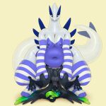  absurd_res avian bodily_fluids clothing cum cum_inside generation_2_pokemon genital_fluids hi_res legendary_pokemon legwear lugia lying male male/male nate_(dragoneill) nintendo on_back pokemon pokemon_(species) size_difference slightly_chubby solo splashyu stockings 