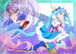  2girls ahoge asymmetrical_clothes blue_cape blue_dress blue_eyes blue_footwear blue_hair boots border cape commentary_request cure_sky dress earrings english_text eyelashes gloves good_morning gradient_hair hair_ornament hirogaru_sky!_precure jewelry kamikita_futago long_hair looking_at_viewer magical_girl multicolored_hair multiple_girls pink_hair ponytail precure purple_hair shalala_(precure) sora_harewataru streaked_hair thighhighs thighs twintails very_long_hair white_gloves white_thighhighs wing_hair_ornament 