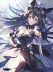  1girl animal_ears bare_shoulders black_dress black_flower black_gloves black_hair black_rose breasts choker cleavage clothing_cutout dress elbow_gloves flower frilled_choker frills gloves granblue_fantasy hair_between_eyes hair_flower hair_ornament highres long_hair looking_at_viewer lying nier_(granblue_fantasy) on_back outstretched_arm parted_lips reaching reaching_towards_viewer red_eyes rose shiromimin small_breasts solo strapless strapless_dress tiara tile_floor tiles white_flower white_rose 
