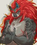  altern015 alternate_species anthro canid canine canis clothed clothing ear_piercing ear_ring fur fur_markings furrification ganon ganondorf grey_background hair hi_res male mammal mane mane_hair markings multicolored_body multicolored_fur muscular muscular_anthro muscular_male nintendo piercing red_hair red_mane ring_piercing scar shadow simple_background solo teeth the_legend_of_zelda topless topless_anthro topless_male tusks waist_up wolf yellow_eyes 