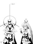  2girls ahoge breasts cape clothing_cutout commentary detached_sleeves feather_hair_ornament feathers greyscale hair_ornament halo hololive hololive_english holster knife knife_holster large_breasts limiter_(tsukumo_sana) long_hair medium_breasts medium_hair miniskirt monochrome multiple_girls nanashi_mumei ouro_kronii ponytail signature skirt sparkle symbol-only_commentary taka_t underboob underboob_cutout veil very_long_hair 