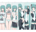  1girl adjusting_clothes adjusting_legwear adjusting_necktie aqua_eyes aqua_hair aqua_necktie arm_tattoo bare_shoulders black_skirt black_thighhighs bread bread_slice clothes_lift commentary cup dress-up feet_out_of_frame food food_in_mouth green_stripes half-closed_eyes hand_up hatsune_miku highres holding holding_cup lifted_by_self long_hair looking_at_viewer messy_hair mouth_hold mug multiple_views navel necktie panties pleated_skirt print_shirt shirt shirt_lift short_sleeves skirt sleeveless sleeveless_shirt stomach tanosii_chan tattoo thighhighs toothbrush_in_mouth twintails underwear v vocaloid white_panties white_shirt 