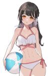 1girl ball bare_shoulders beachball bikini black_hair braid breasts commentary_request cowboy_shot expressionless highres holding holding_ball holding_beachball long_hair looking_ahead looking_at_viewer mole mole_under_eye navel nima_(niru54) orange_eyes original parted_lips signature simple_background single_braid sketch small_breasts solo stomach straight-on swimsuit white_background white_bikini 