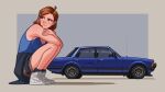  1girl air_jordan air_jordan_1 arhentol blue_background blue_tank_top blush border breasts brown_border brown_eyes brown_hair brown_shorts car clothes_around_waist crossed_arms english_commentary ford ford_cortina from_side hair_behind_ear highres mole mole_on_breast motor_vehicle nike original radio_antenna raelyn_cunningham shadow shoes short_hair shorts smile sneakers solo squatting sweater sweater_around_waist tank_top vehicle_focus white_footwear 