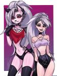  anthro canid canid_demon clothed clothing demon duo female fgremlin08 fur grey_body grey_fur hair half_shaved_head hellhound helluva_boss hi_res human looking_at_viewer loona_(helluva_boss) mammal red_eyes red_sclera smile white_body white_eyes white_fur white_hair 