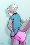  anthro arzdin blush canid canine canis clothing diaper embarrassed male mammal putting_on_clothes shirt simple_background solo topwear wolf 