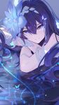  1girl absurdres ai_dongdong black_hair blue_eyes flower gradient_eyes hair_between_eyes hair_flower hair_ornament highres honkai_(series) honkai_impact_3rd long_hair looking_at_viewer multicolored_eyes multicolored_hair seele_vollerei seele_vollerei_(herrscher_of_rebirth) smile streaked_hair water 