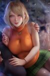  1boy 1girl ashley_graham blonde_hair blurry blurry_background breasts jewelry large_breasts leon_s._kennedy lips looking_at_viewer necklace olchas orange_sweater panties pantyshot plaid plaid_skirt rain resident_evil resident_evil_4 resident_evil_4_(remake) short_hair skirt sleeveless sleeveless_sweater sleeveless_turtleneck smile solo_focus sweater turtleneck underwear white_panties yellow_eyes 