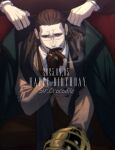  1boy adjusting_another&#039;s_clothes ascot black_hair cigar coat collared_shirt crocodile_(one_piece) dated dressing_another english_text feet_out_of_frame hair_slicked_back happy_birthday highres hook_hand looking_at_viewer male_focus mature_male mj_(mj_6nol) one_piece scar scar_on_face scar_on_nose shirt short_hair smoking smug solo_focus stitches 