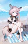  1girl ahoge animal_ear_fluff animal_ears arknights barefoot beach beach_towel bikini black_bikini blue_eyes bracelet breasts closed_mouth cloud cloudy_sky collarbone crossed_legs day eyelashes feet fox_ears fox_girl fox_tail full_body hair_ornament hairclip hand_up headphones headphones_around_neck highres jewelry karoro knees_up lace_trim legs looking_at_viewer medium_hair official_alternate_costume outdoors picnic_basket pink_hair see-through sitting sky small_breasts smile solo sussurro_(arknights) sussurro_(summer_flowers)_(arknights) swimsuit tail thighs toenails toes towel wet 