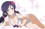  1girl bikini blush breasts cleavage collarbone flower frilled_bikini frills green_eyes hair_flower hair_ornament hibiscus highres large_breasts long_hair looking_at_viewer love_live! love_live!_school_idol_project lying nagi_mkrnpn navel on_side purple_hair signature smile solo stomach swimsuit toujou_nozomi twintails white_bikini 