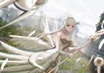  1girl absurdres angel_wings bare_shoulders breasts brown_eyes cleavage dress garden grey_hair halo highres holding holding_staff jewelry liv_(punishing:_gray_raven) mechanical_arms mechanical_halo multiple_wings nameless_neet necklace non-humanoid_robot punishing:_gray_raven robot short_hair_with_long_locks staff white_dress wings 
