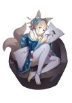  1girl absurdres animal_ear_fluff animal_ears azur_lane bell blonde_hair blue_eyes blue_kimono blunt_bangs blush commander_(azur_lane) couch dakimakura_(object) fengxue fox_ears fox_girl fox_tail hair_ornament highres japanese_clothes kimono neck_bell niizuki_(azur_lane) on_couch panties pillow simple_background sitting solo tail thighhighs underwear white_background white_panties white_thighhighs 