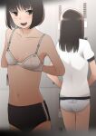  2girls :d adjusting_clothes armpits arms_behind_back ass bare_shoulders black_buruma blurry blurry_background blurry_foreground blush bob_cut bra breasts brown_eyes brown_hair buruma changing_clothes collarbone commentary depth_of_field dressing facing_away gym_shirt gym_uniform highres indoors locker locker_room long_hair looking_at_viewer midriff multiple_girls navel open_mouth original panties pen-racket polka_dot polka_dot_panties print_panties shirt short_hair small_breasts smile standing star_(symbol) t-shirt teeth underwear upper_teeth_only vignetting white_bra white_panties white_shirt 