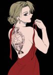  1girl armpit_crease back back_tattoo backless_dress backless_outfit black_background black_eyes blonde_hair dress earrings from_behind fullmetal_alchemist hair_bun highres jewelry ozaki_(tsukiko3) red_dress red_lips riza_hawkeye scar scar_on_back solo tattoo undressing upper_body 