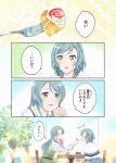  2girls aqua_hair bang_dream! birthday birthday_cake blue_skirt bow braid cake cake_slice commentary_request dating dress eating food fork green_dress green_eyes hair_bow highres hikawa_hina hikawa_sayo holding holding_fork incest jewelry light_blush light_rays long_hair looking_at_another medium_hair multiple_girls multiple_hair_bows necklace open_mouth restaurant shared_food shawl shirt siblings sisters sitting skirt smile sparkling_aura table translation_request twin_braids twincest twins white_shawl white_shirt xin_(blueramen) yuri 