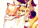  2girls animal_ears arknights blonde_hair blue_hairband blush coat commentary_request earpiece fox_ears fox_girl fox_tail green_eyes hairband highres kitsune kyuubi multiple_girls multiple_tails open_mouth pink_hair short_hair sussurro_(arknights) sutoa suzuran_(arknights) tail white_coat 