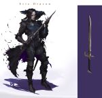  1boy armor bird black_hair boots character_name crow english_commentary eric_draven facepaint fantasy feathers gloves highres inspecting knight looking_at_viewer medieval pet realistic songjie sword the_crow_(comic) the_crow_(film) warrior weapon 