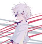  1boy blue_hair collared_shirt grey_hair light_blue_hair looking_at_viewer male_focus multicolored_background nagisa_kaworu neon_genesis_evangelion official_style open_mouth parody red_background red_eyes shirt short_sleeves smile solo style_parody tousok white_background white_shirt 