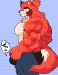  1boy animal_ears ass bara black_male_underwear bulge dog_boy dog_ears dog_tail dressing feet_out_of_frame forked_eyebrows from_side highres i&#039;ve_never_seen_a_guy_recreate_this_successfully_tbh_(meme) large_pectorals male_focus male_underwear meme muscular muscular_male nipples open_pants orange_fur original pants pants_lift pectorals pochi_(pochikungxd) precum precum_drip purple_background revision short_hair solo sweat tail thick_arms thick_eyebrows tongue tongue_out topless_male translation_request undersized_clothes underwear 