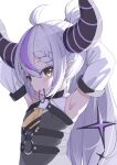  1girl absurdres ahoge alternate_hairstyle armpits arms_up ascot black_horns braid braided_bangs detached_sleeves grey_hair highres hololive horns kyouwashi la+_darknesss la+_darknesss_(1st_costume) long_hair looking_at_viewer multicolored_hair pointy_ears ponytail purple_hair solo streaked_hair striped_horns virtual_youtuber yellow_ascot yellow_eyes 