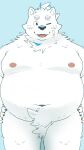  2023 anthro belly big_belly blue_background canid canine canis domestic_dog hi_res kemono lifewonders live_a_hero male mammal menmen_kesinn moobs navel nipples one_eye_closed overweight overweight_male simple_background solo white_body wink yohack 