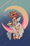  1girl blush_stickers brown_hair cardcaptor_sakura child commentary crescent crown english_commentary gloves green_eyes hair_intakes heart heart_hands highres kero kinomoto_sakura kitchupsandwich looking_at_viewer magical_girl moon on_crescent sitting star_(symbol) wings yellow_footwear 