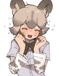  010mzam 1girl african_wild_dog_(kemono_friends) african_wild_dog_print animal_ears black_bow black_bowtie blush bow bowtie brown_hair closed_eyes collared_shirt dog_ears dog_girl embarrassed fangs flying_sweatdrops hair_between_eyes kemono_friends light_brown_hair long_sleeves multicolored_hair nose_blush open_mouth print_sleeves shirt short_hair short_sleeves sidelocks solo sweatdrop upper_body white_shirt 