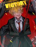  1boy bishounen black_gloves blonde_hair blood blood_on_clothes blood_on_face english_text gloves highres limbus_company male_focus mu46016419 necktie open_mouth project_moon red_necktie shirt short_hair sinclair_(project_moon) solo suit white_shirt yellow_eyes 