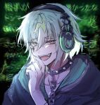  1boy black_background black_choker black_hoodie blue_hair choker facial_mark fangs green_background green_hair green_hoodie headphones highres hood hoodie light_blue_hair male_focus mikoshiba_kenta multicolored_background multicolored_clothes multicolored_hair multicolored_hoodie open_mouth orange_eyes paradox_live smile solo spiked_choker spikes zzida02 