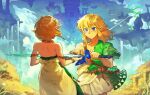  1boy 1girl 9twoeight absurdres blonde_hair blue_eyes commentary dress earrings floating_island gloves grass green_tunic highres jewelry link making-of_available master_sword pointy_ears princess_zelda ruins short_hair sword the_legend_of_zelda the_legend_of_zelda:_tears_of_the_kingdom triforce triforce_print water waterfall weapon 