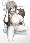  1girl absurdres akane_(blue_archive) akane_(bunny)_(blue_archive) animal_ears black-framed_eyewear blue_archive blush breasts brown_shawl cleavage collarbone detached_sleeves fake_animal_ears full_body glasses gloves grey_hair hair_between_eyes halo high_heels highres large_breasts leotard long_hair looking_at_viewer official_alternate_costume pantyhose plaid_shawl playboy_bunny rabbit_ears rabbit_tail shawl simple_background smile solo spread_legs squatting strapless strapless_leotard tail ushimochi very_long_hair white_background white_footwear white_gloves white_leotard white_pantyhose 