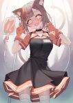  1girl :d animal_ear_fluff animal_ears apron bandaged_arm bandages black_apron black_collar blush breasts brown_hair collar collarbone collared_shirt commentary_request commission copyright_request gloves hands_up head_tilt highres holding holding_syringe intravenous_drip medium_breasts multicolored_hair nogami_(minamiituki) orange_eyes orange_gloves orange_hair orange_shirt orange_skirt pleated_skirt shirt short_sleeves skeb_commission skirt smile solo streaked_hair syringe tail thighhighs white_thighhighs 