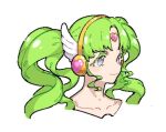  1girl closed_mouth collarbone colored_eyelashes curly_hair falulu forehead_jewel fugota6509 green_hair grey_eyes headphones heart long_hair lowres parted_bangs portrait pretty_(series) pripara sidelocks simple_background smile solo twintails white_background wing_hair_ornament 