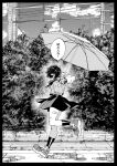  1girl bandaid_on_thigh black_border border building cloud greyscale hachinuki_tetsuyo hair_over_eyes highres holding holding_umbrella medium_hair monochrome original outdoors puddle road running sky solo speech_bubble street thick_thighs thighs tongue tongue_out translation_request tree umbrella 
