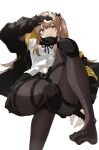  1girl 404_logo_(girls&#039;_frontline) :3 black_gloves black_jacket black_pantyhose black_ribbon black_skirt breasts brown_hair closed_mouth commentary english_commentary feet fingerless_gloves foot_out_of_frame from_below girls&#039;_frontline gloves hair_between_eyes hair_ornament hair_ribbon hairclip hand_on_own_forehead highres jacket knee_pads light_blush long_hair looking_at_viewer medium_breasts midriff_peek mutugorou_u navel neck_ribbon no_shoes open_hand pantyhose pleated_skirt red_eyes ribbon scar scar_across_eye scar_on_face shirt simple_background skirt smile solo toes twintails ump9_(girls&#039;_frontline) white_background white_shirt yellow_armband 