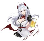  1girl absurdres ahoge alcohol beer beer_mug blue_eyes breasts cropped_legs cup dress fei_(songyijie) grey_hair hair_between_eyes highres holding holding_cup horns large_breasts long_hair looking_at_viewer maid_headdress mug one_eye_closed red_horns short_sleeves simple_background solo vei_(vtuber) vei_(vtuber)_(4th_costume) virtual_youtuber vshojo white_background wings 