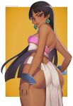  1girl ass bare_shoulders black_hair blunt_bangs bracelet breasts brown_eyes chel_(the_road_to_el_dorado) dark-skinned_female dark_skin earrings english_commentary hands_on_own_hips highres jewelry loincloth long_hair looking_at_viewer medium_breasts pelvic_curtain solo strapless the_road_to_el_dorado thick_thighs thighs tube_top whysoblau 