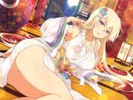  1girl architecture ass blonde_hair blush breasts cleavage curtains east_asian_architecture flower full_moon hair_between_eyes hair_flower hair_ornament highres japanese_clothes kimono lantern large_breasts leo_(senran_kagura) long_hair looking_at_viewer moon night official_alternate_costume official_art oil-paper_umbrella on_floor open_mouth paper_lantern purple_eyes senran_kagura senran_kagura_new_link senran_kagura_new_wave sky sliding_doors smile solo star_(sky) tatami thighs tree umbrella yaegashi_nan 