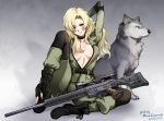  1girl animal artist_name belt black_footwear blonde_hair blue_eyes boots breasts collar cross-laced_footwear dated fingerless_gloves full_body gloves gun h&amp;k_psg1 lace-up_boots long_hair long_sleeves looking_at_viewer metal_gear_(series) metal_gear_solid mina_cream rifle sitting sniper_rifle sniper_wolf solo weapon wolf 